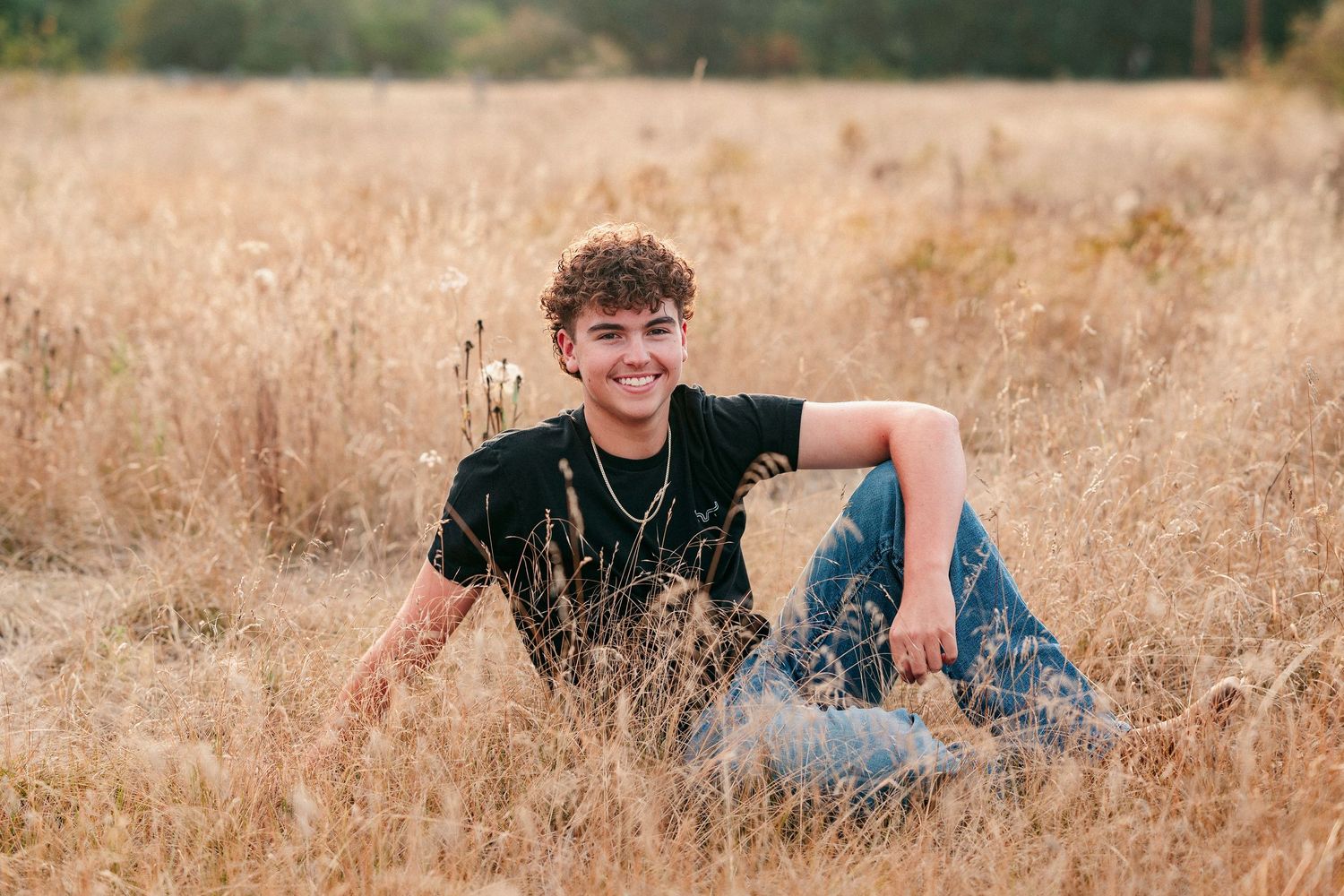 A series of casual outdoor portrait photographs taken in a golden wheat field during sunset.