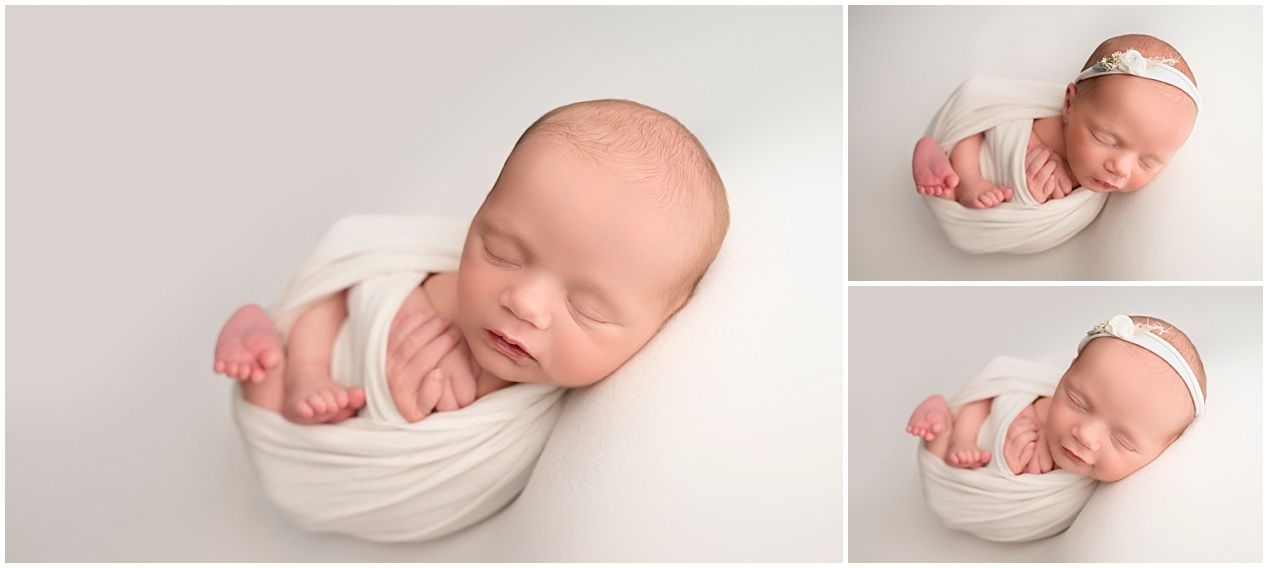 A collection of newborn baby photography images showing tiny feet and sleeping poses in soft white wraps and blankets.