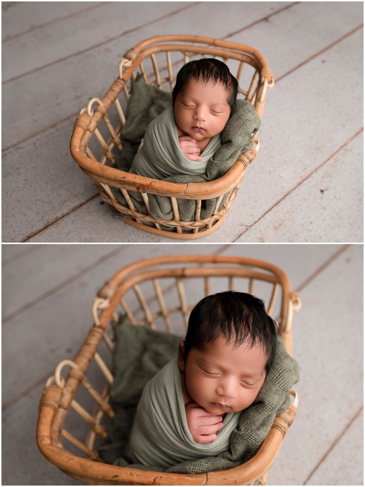 A sleeping newborn wrapped in olive green fabric rests peacefully in a curved wicker basket on wooden flooring.