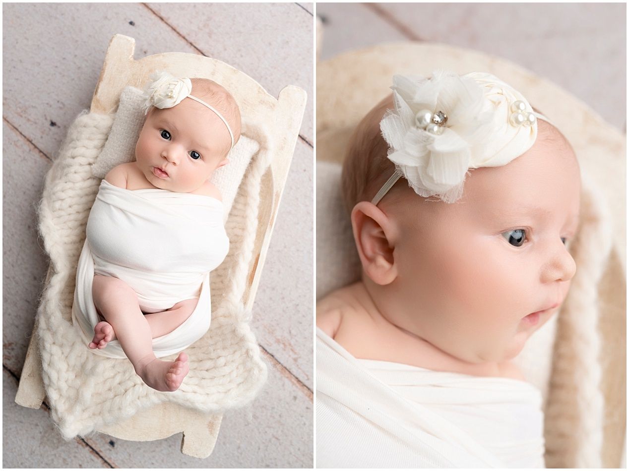 A collection of soft, dreamy newborn photography portraits showing a baby in white against neutral backgrounds.