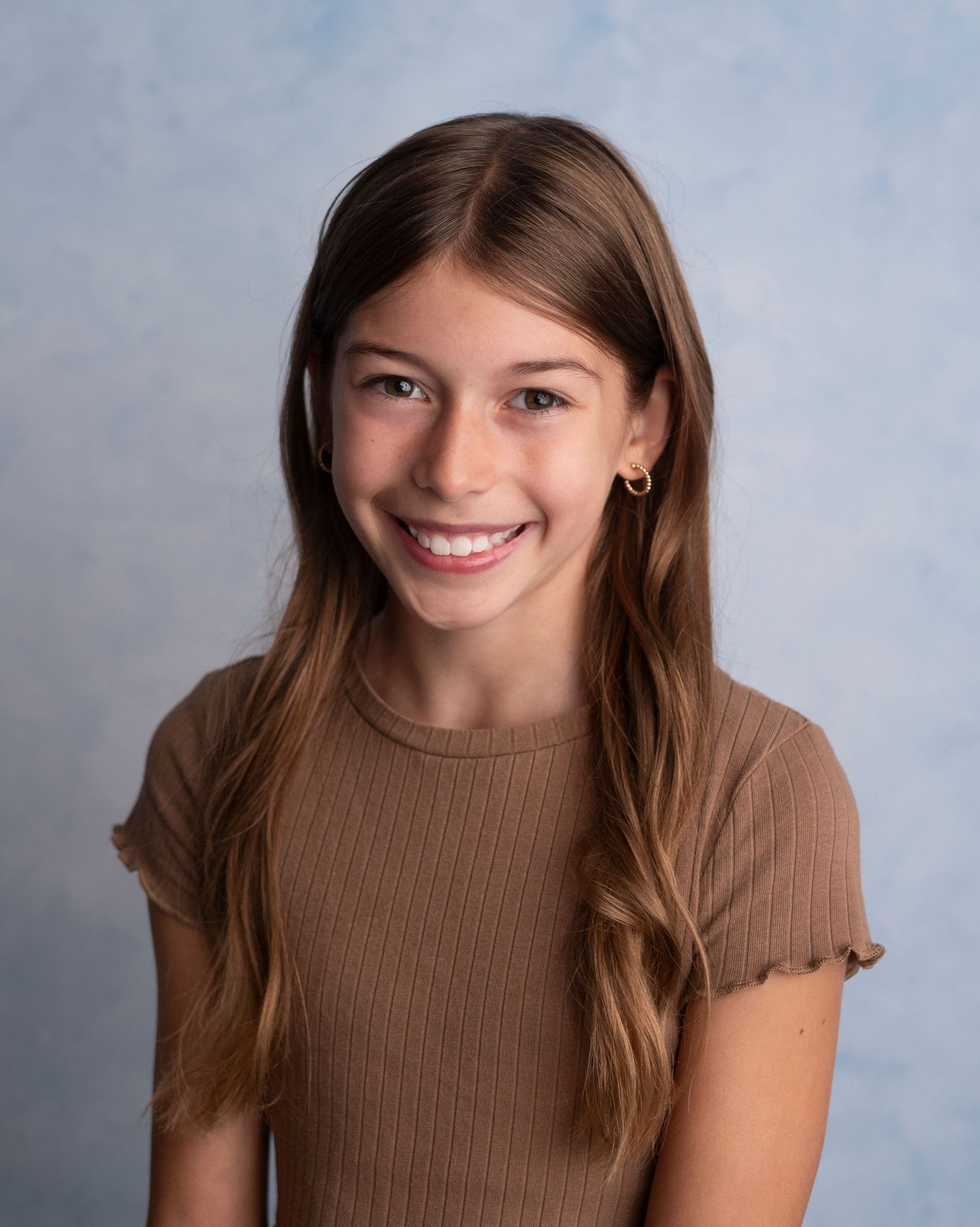 A progression photo sequence showing a person in a brown ribbed top against a gray background.