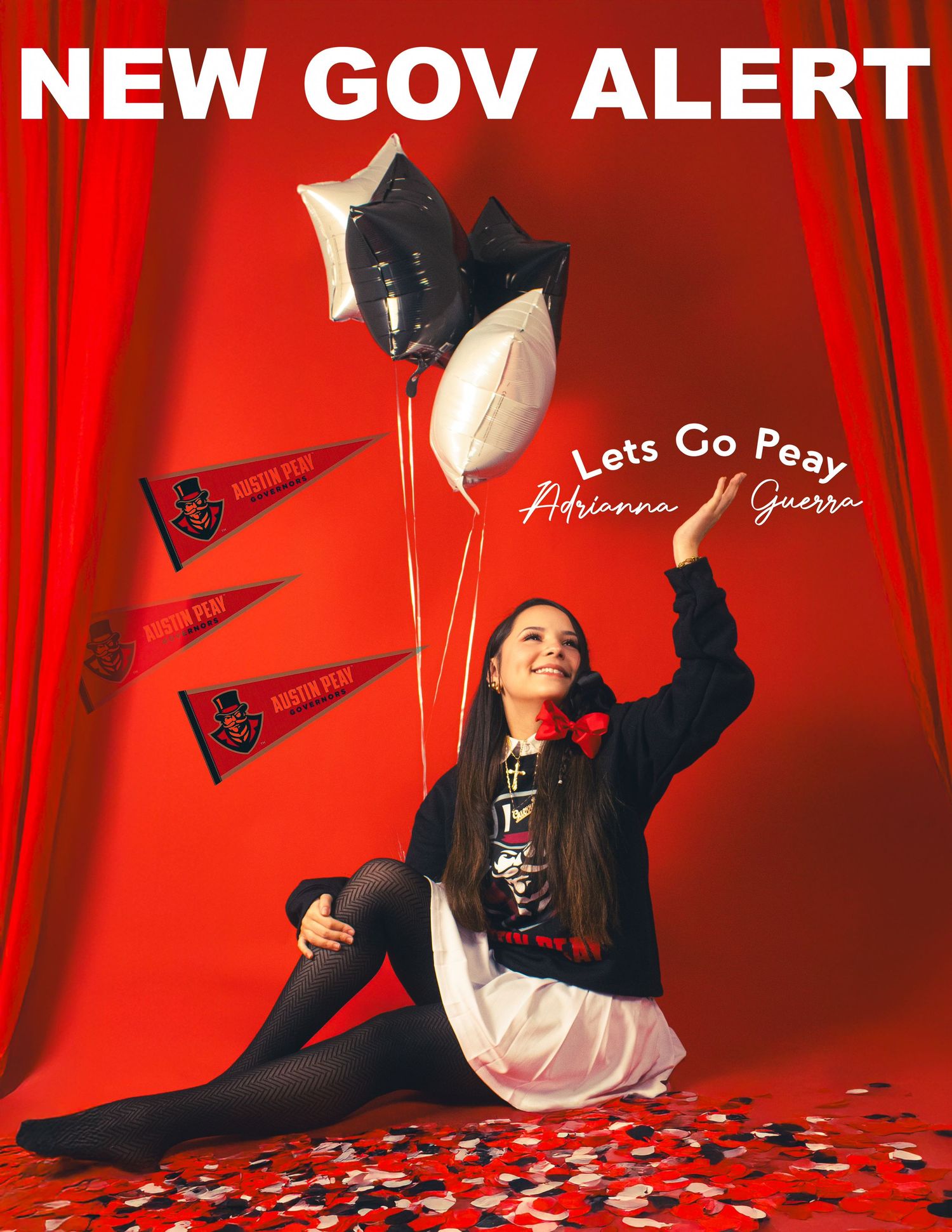 Red-themed promotional photoshoot with varsity pennants and confetti.