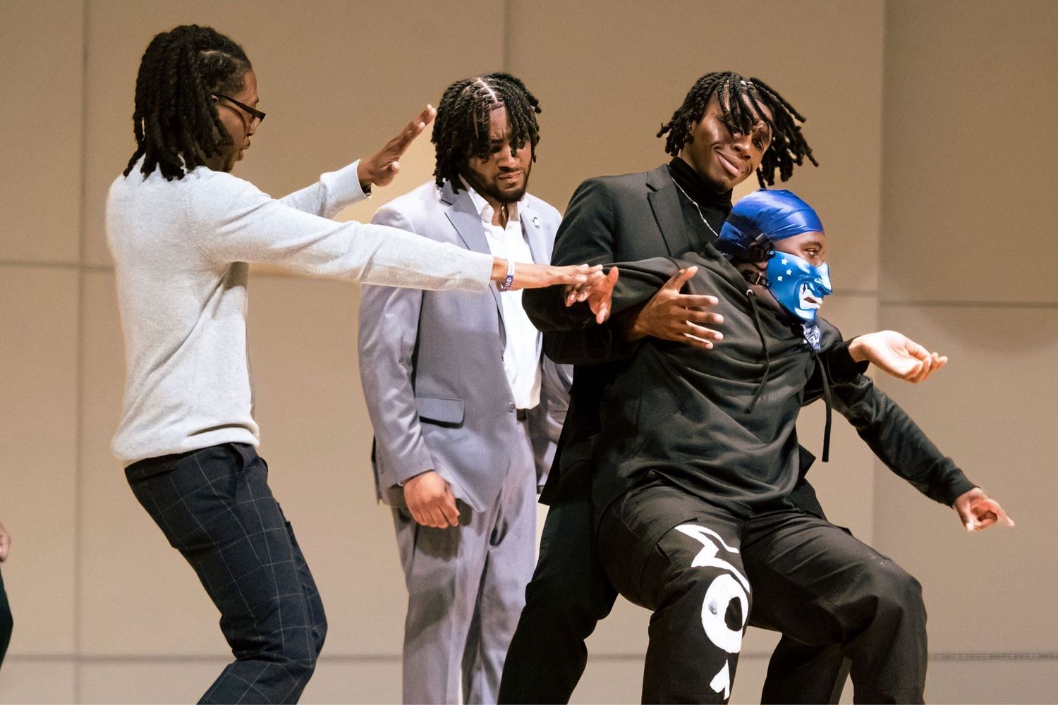 Dynamic action shots showing people in casual wear against indoor backdrop.