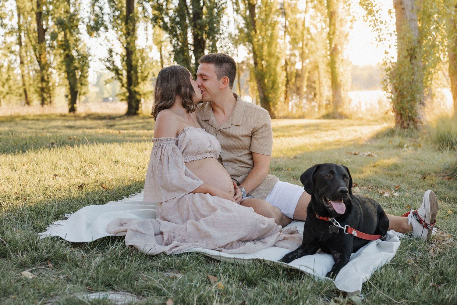 Loving pregnant couple kissing on a picnic blanket with their dog in a maternity photoshoot in Canberra