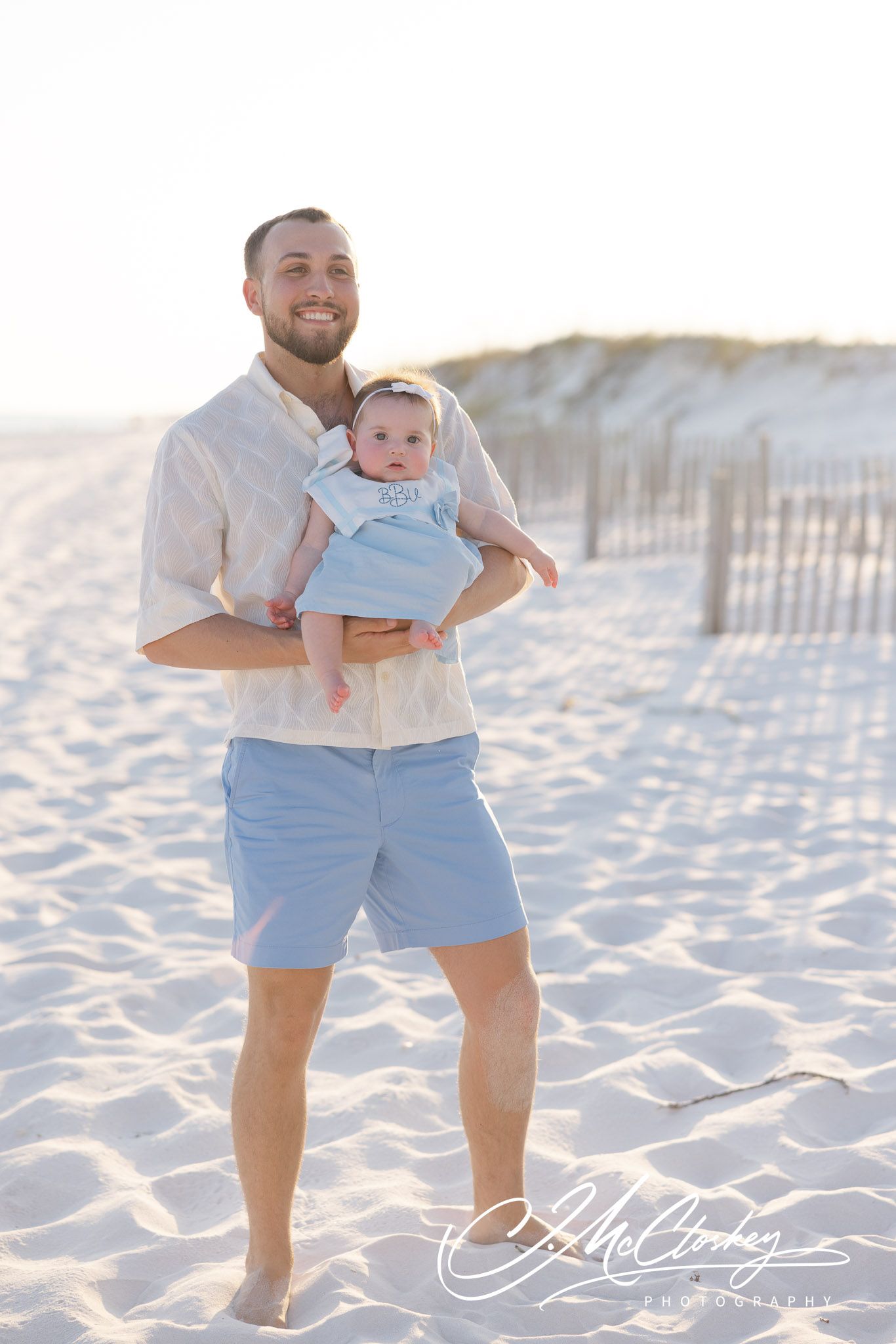 A series of three beach photos showing a toddler in light blue shorts walking on white sand at sunset.