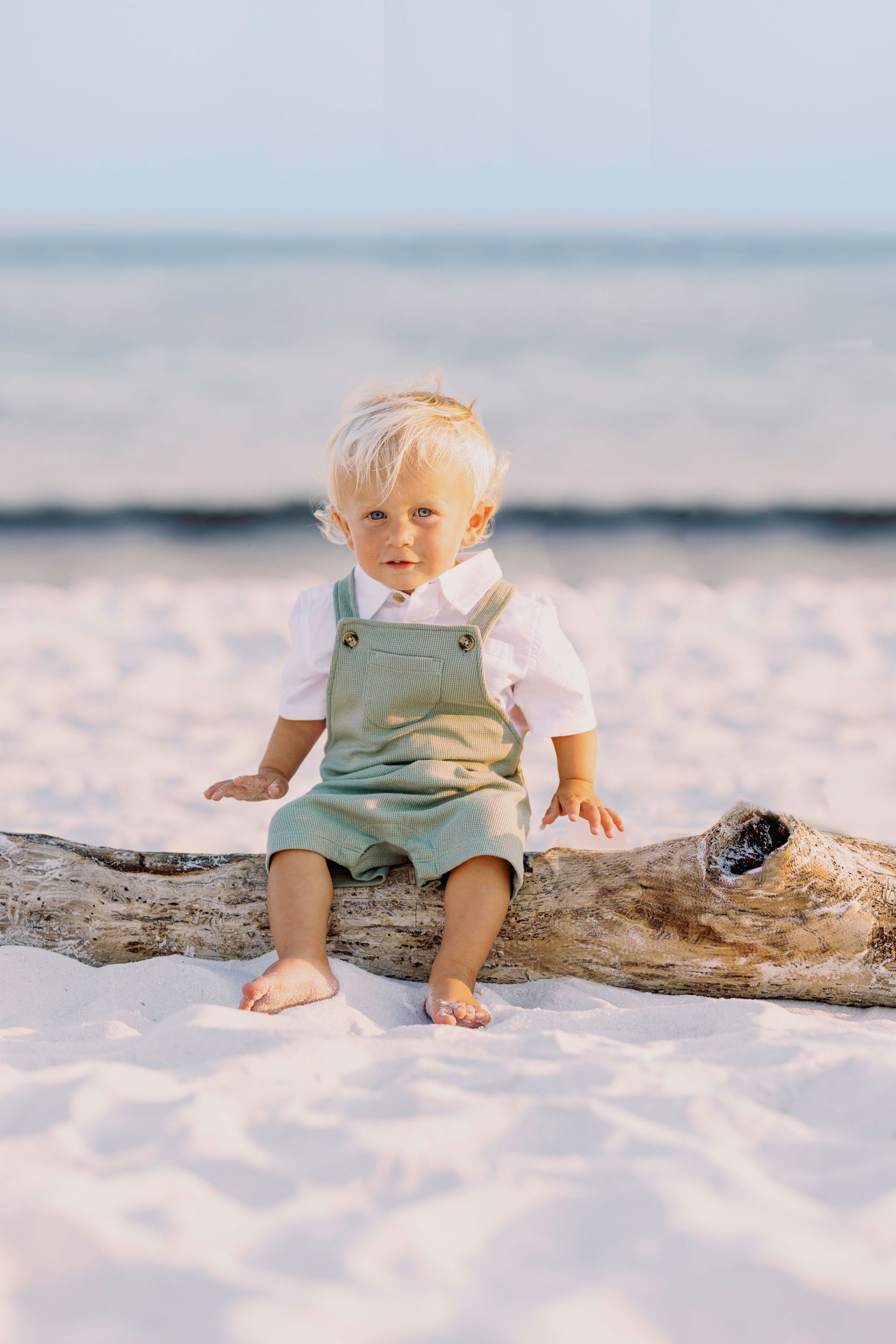 Small child wearing sage green overalls sits on driftwood at the beach during golden hour.