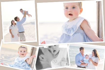 A collection of family photos arranged in a collage showcasing lifestyle moments at the beach in soft tones.