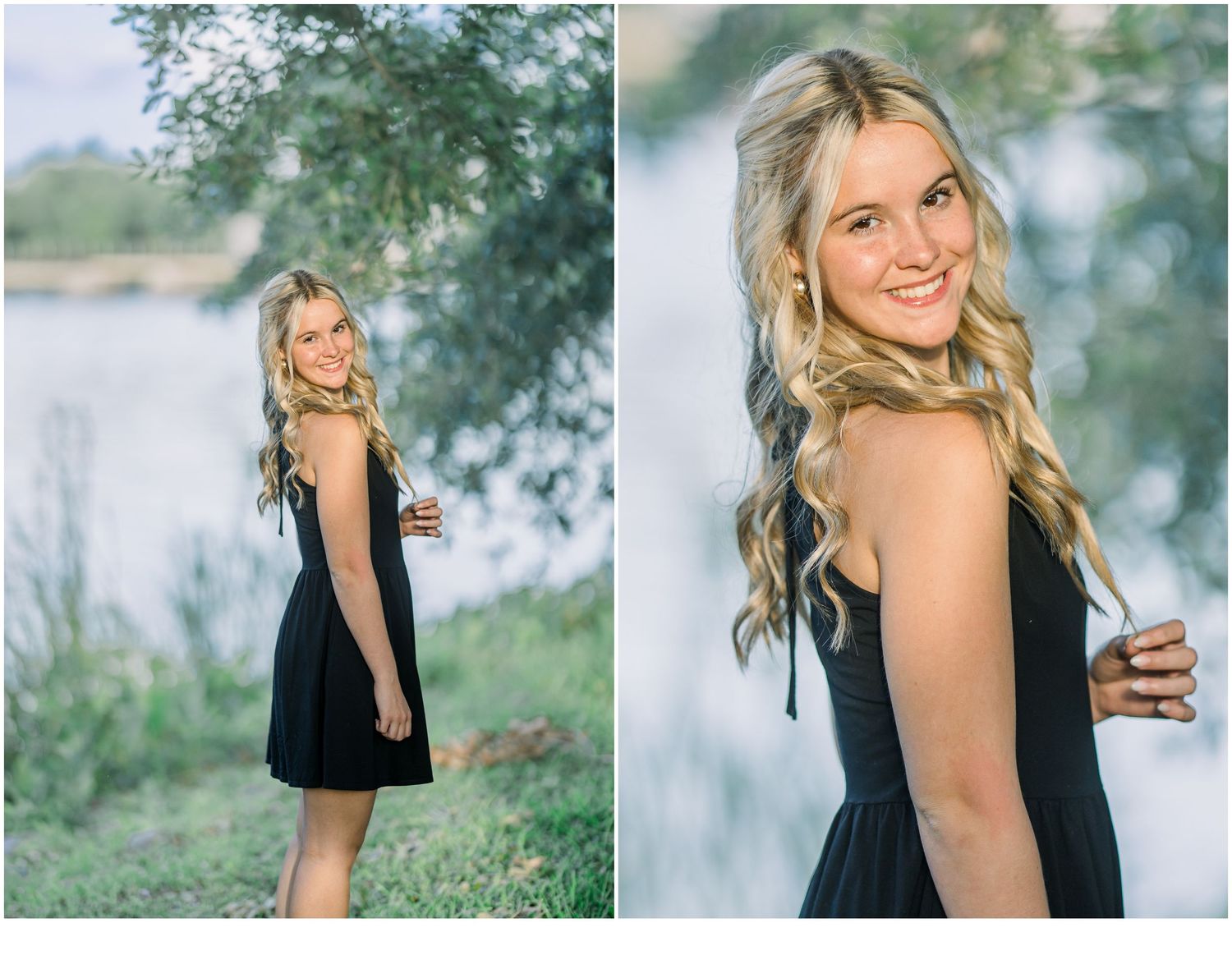 Portrait series in black dress near waterfront with natural greenery.