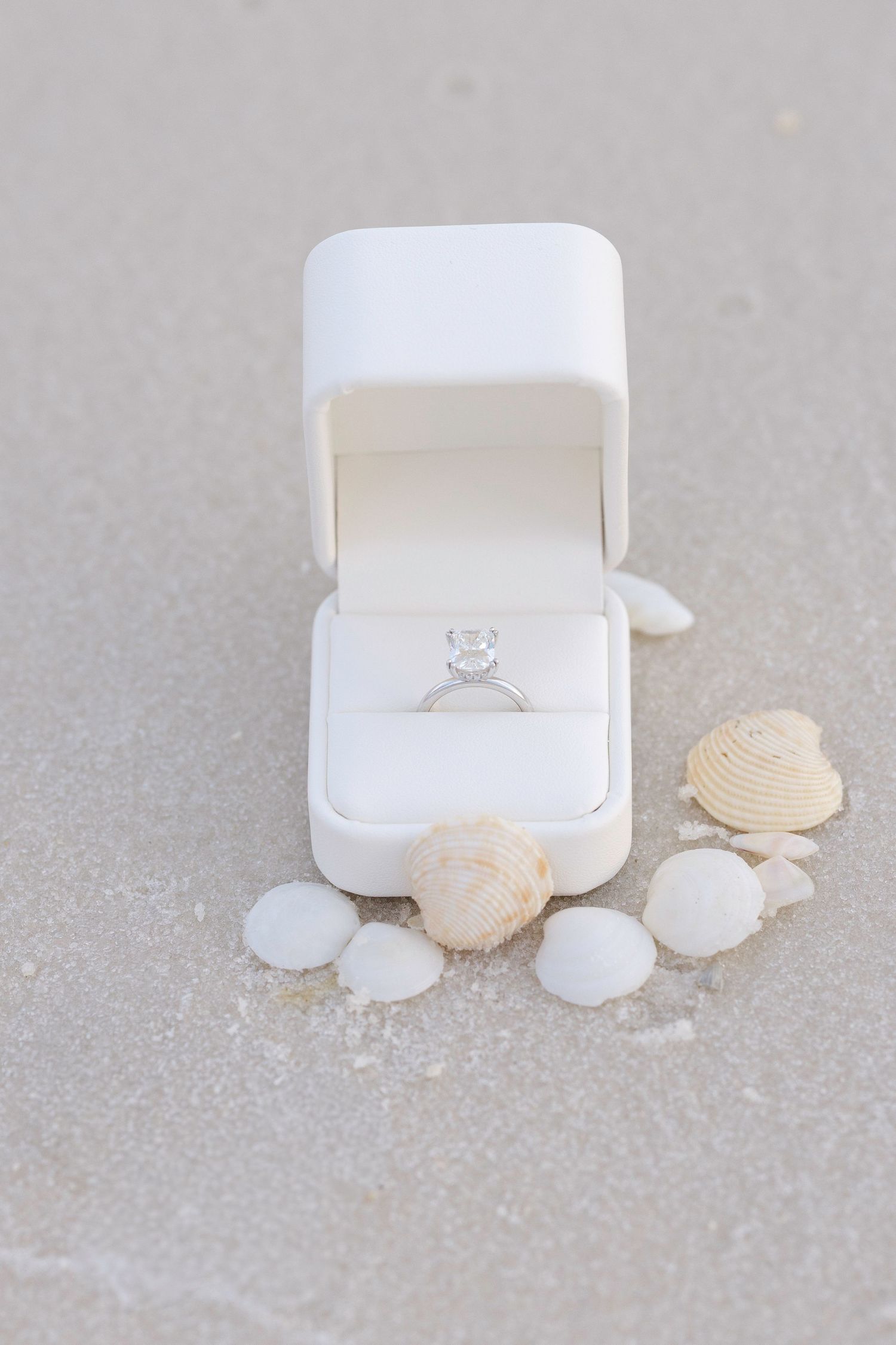 Small white engagement ring box surrounded by delicate seashells and sand on a light gray beach surface.