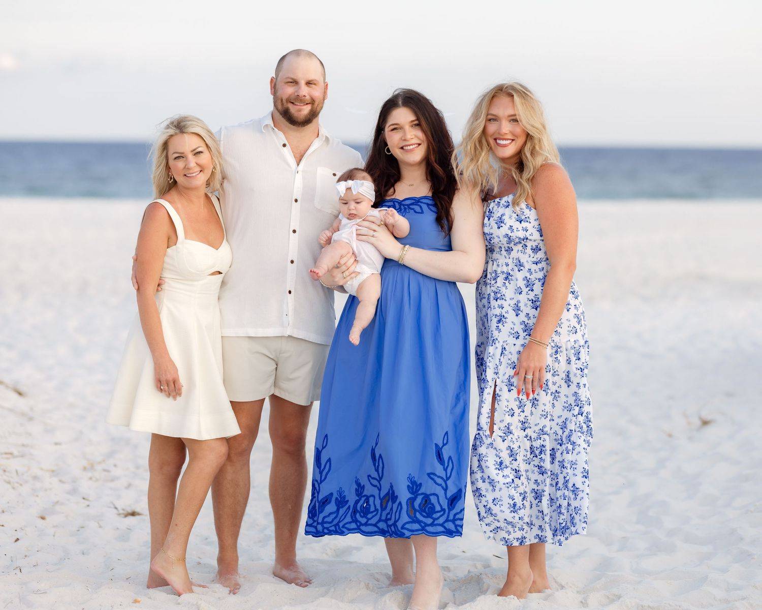 Family of five posing on a sandy beach, woman holding baby in blue dress, sunset backdrop.