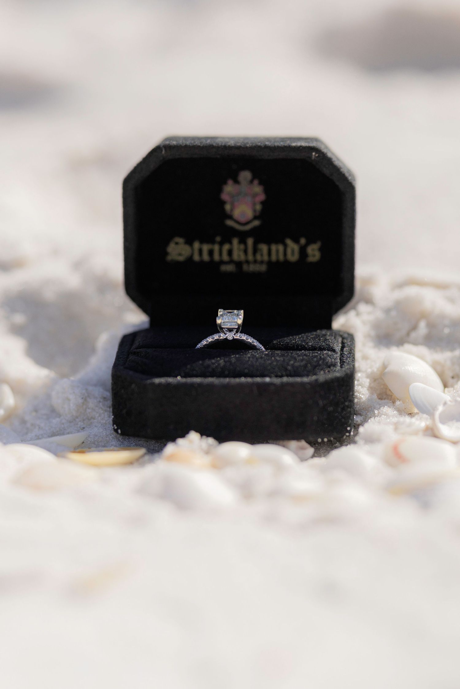 Diamond engagement ring in a black Stricklands jewelry box displayed on white sand with seashells.