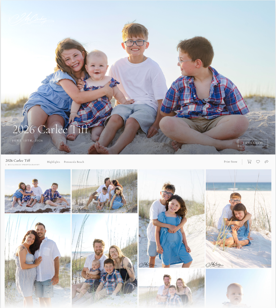 Family beach portrait session in Pensacola Beach featuring children and parents posing on sandy dunes in coordinating blue outfits.