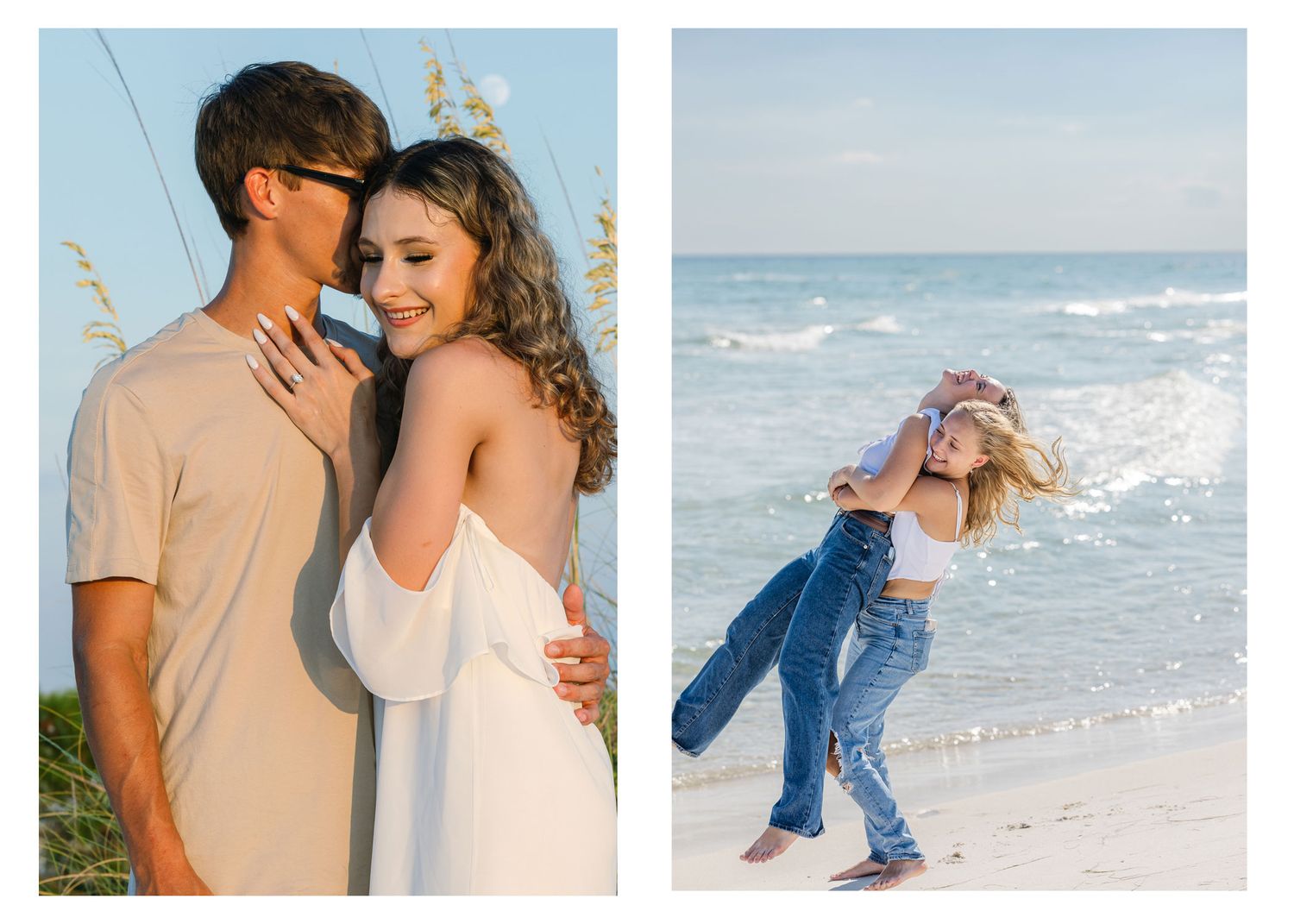 A romantic photo collage showing tender moments between a couple on a sunny beach.