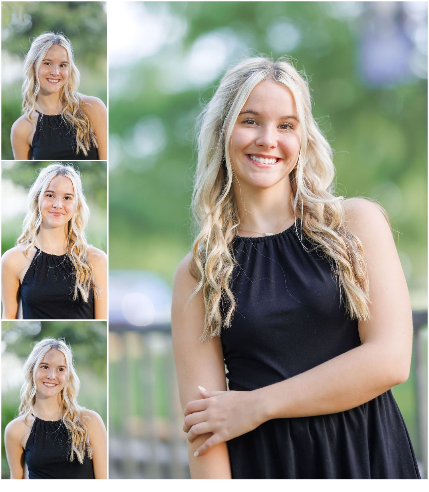 Grid of portrait photos featuring person in black halter dress outdoors.