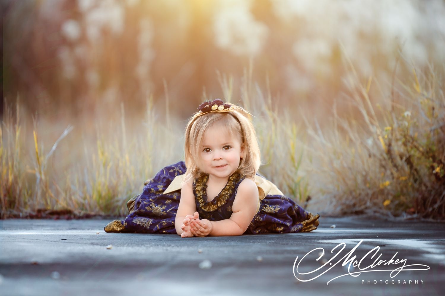A series of artistic outdoor portrait photographs captured in golden evening light with tall grass and natural settings.