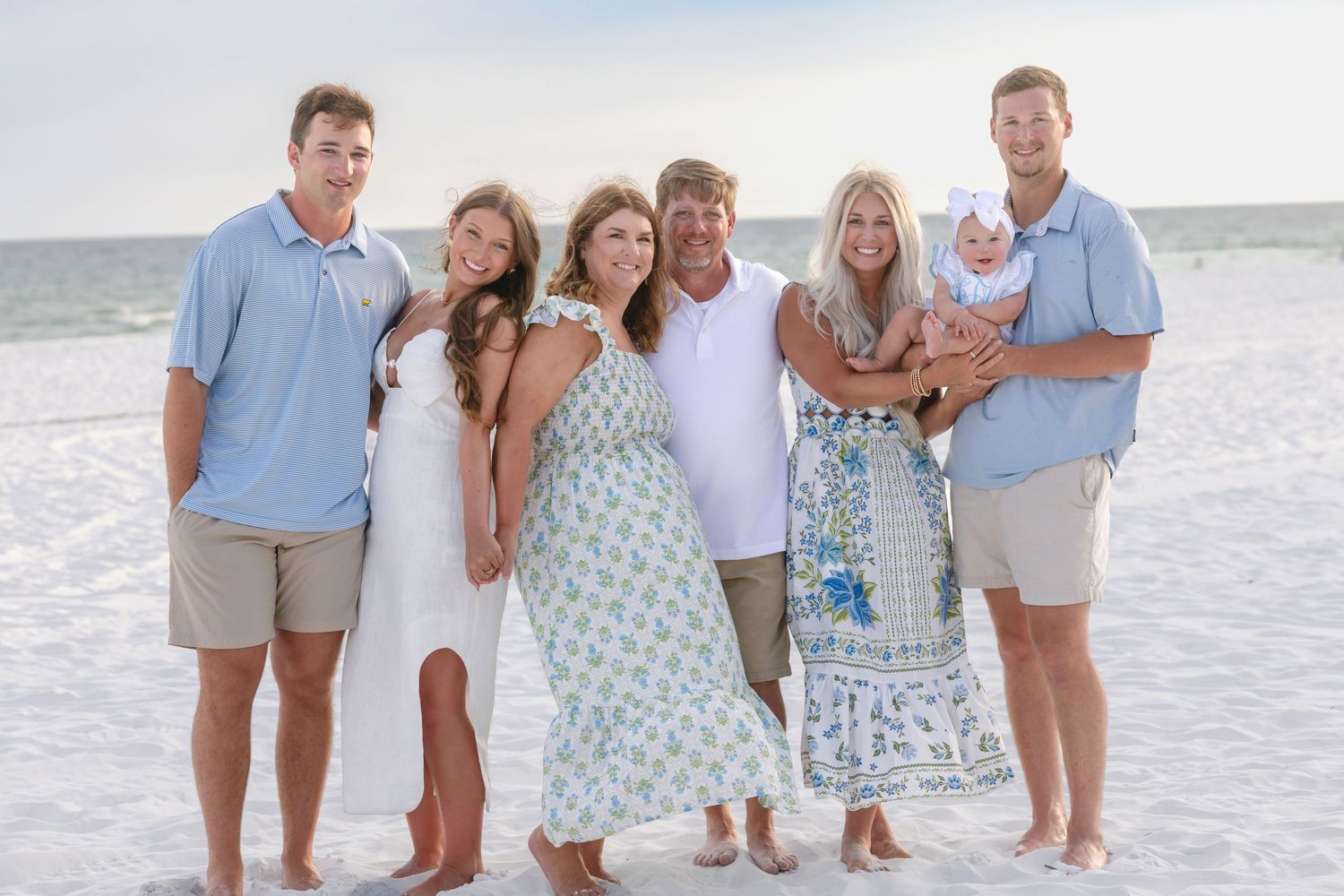 Family of seven smiling together on a sandy beach, dressed in coordinating blue and white outfits, with a baby held by one member.