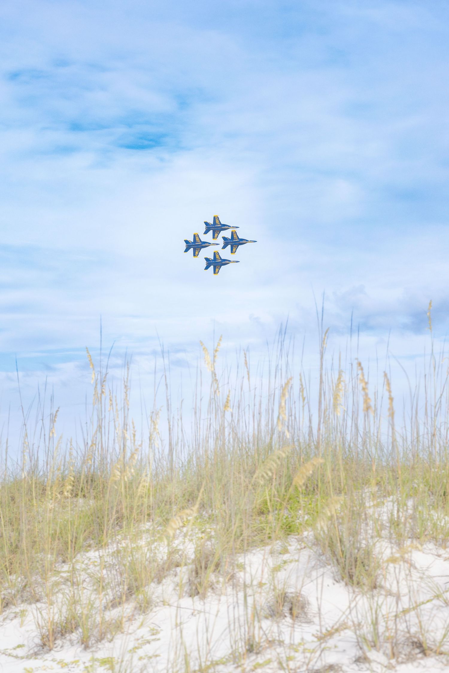Blue Angels jets flying in diamond formation over sandy beach dunes with sea oats against a cloudy sky.