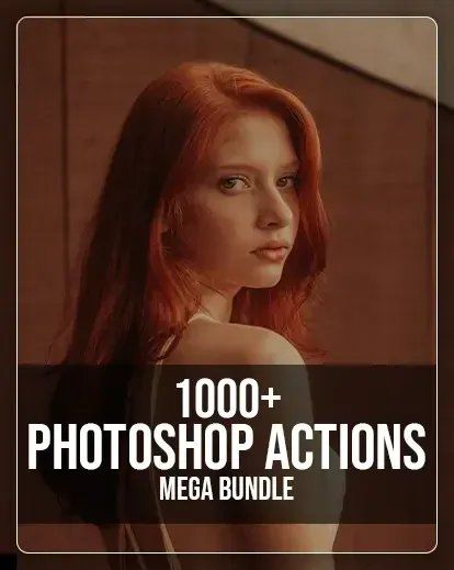 Advertisement for Photoshop actions bundle featuring artistic portrait with warm tones.