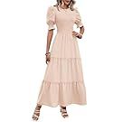 Pink ruffle sleeve midi dress with tiered skirt and square neckline shown from multiple angles.