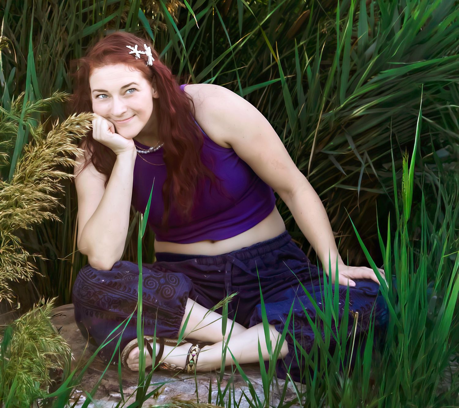 A person in purple poses playfully among tall green cattails and grass.