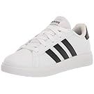 White Adidas sneakers with black stripes shown from multiple angles.