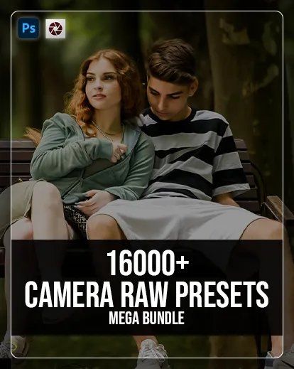 Camera RAW presets mega bundle promotional banner showing couple relaxing.
