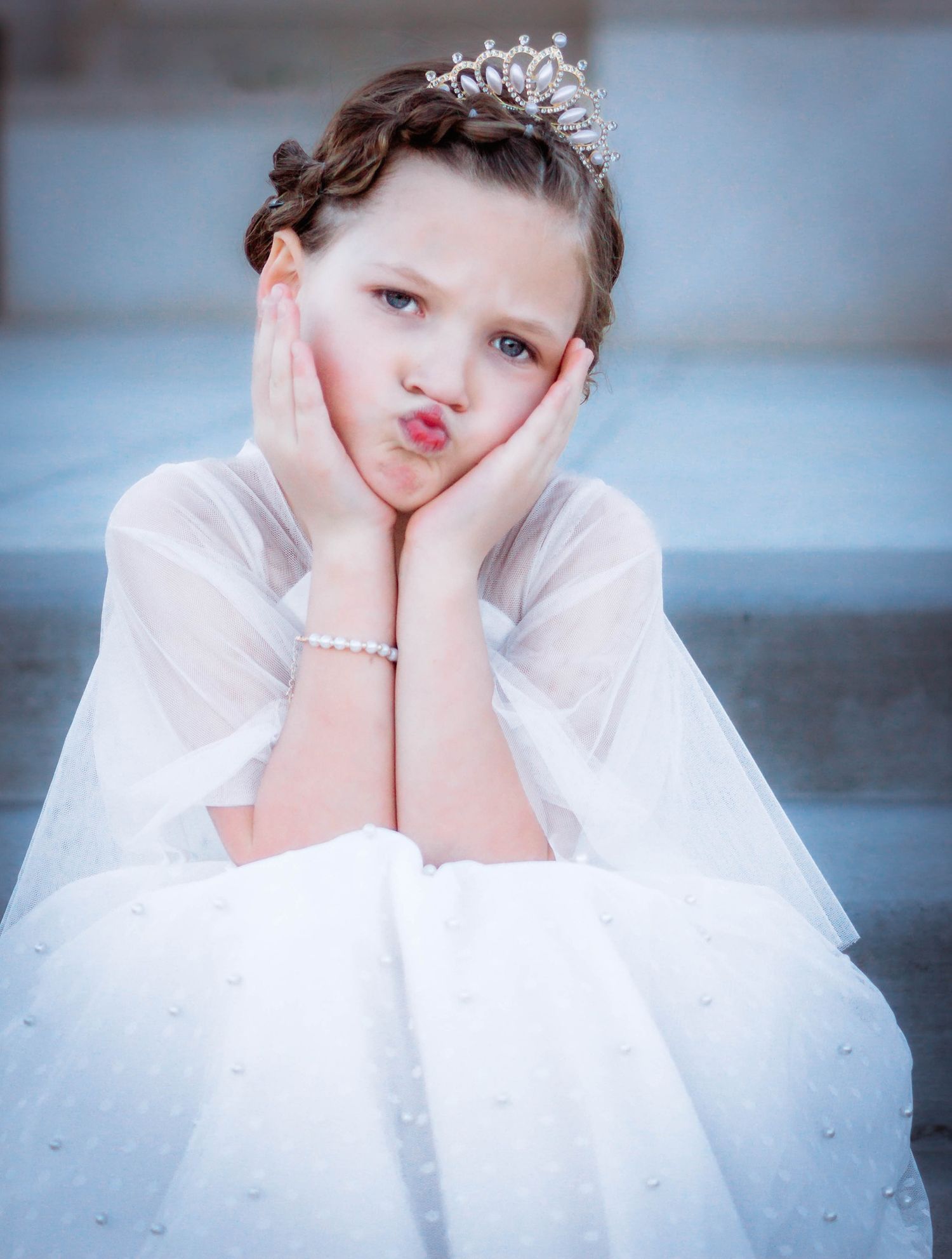 A sequence of dreamy portraits featuring someone in white dress and tiara.