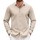 Collection of beige and tan casual men's shirts arranged in a row.