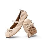 Beige leather ballet flats and loafers displayed in a row.