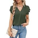 Women's olive green v-neck tops and casual wear displayed on models.