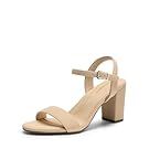 Beige ankle strap sandals with chunky block heel.