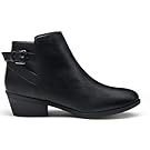Black ankle boots with side buckle detail and low heel.