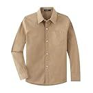 Row of beige and cream colored casual dress shirts arranged horizontally.