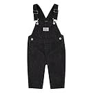 Black denim collection featuring overalls and casual wear pieces.