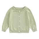 Collection of sage green children's sweaters and cardigans laid flat.