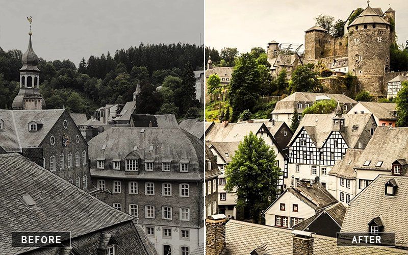Collection of before and after architectural photos showing vintage buildings and houses.