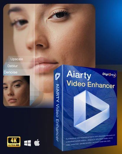Aiarty Video Enhancer software interface with blue product packaging and quality comparison panels.
