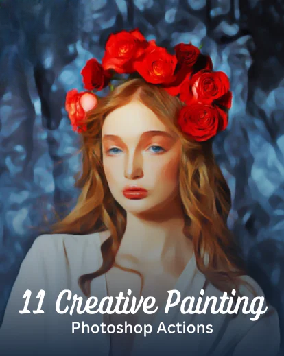 Digital painting effect advertisement showing portrait with red rose crown against blue background.