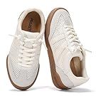 Row of white casual sneakers with brown leather accents shown from different angles.