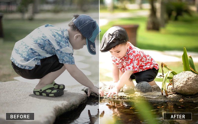 Before and after comparison shots showing someone interacting with nature.