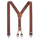 Set of brown leather suspenders and straps displayed in various styles.