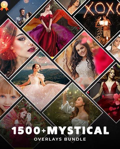 Collection of mystical photo overlays featuring sparkles, stars and magical effects in red and purple tones.