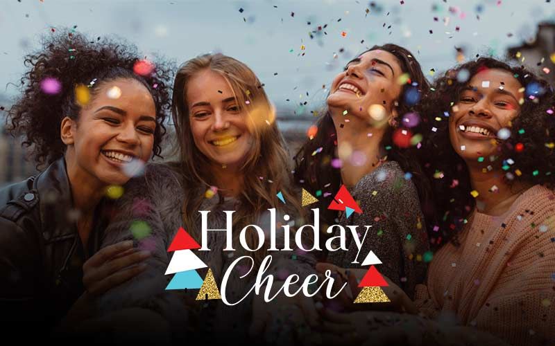 Holiday themed banner with confetti and festive text overlay.