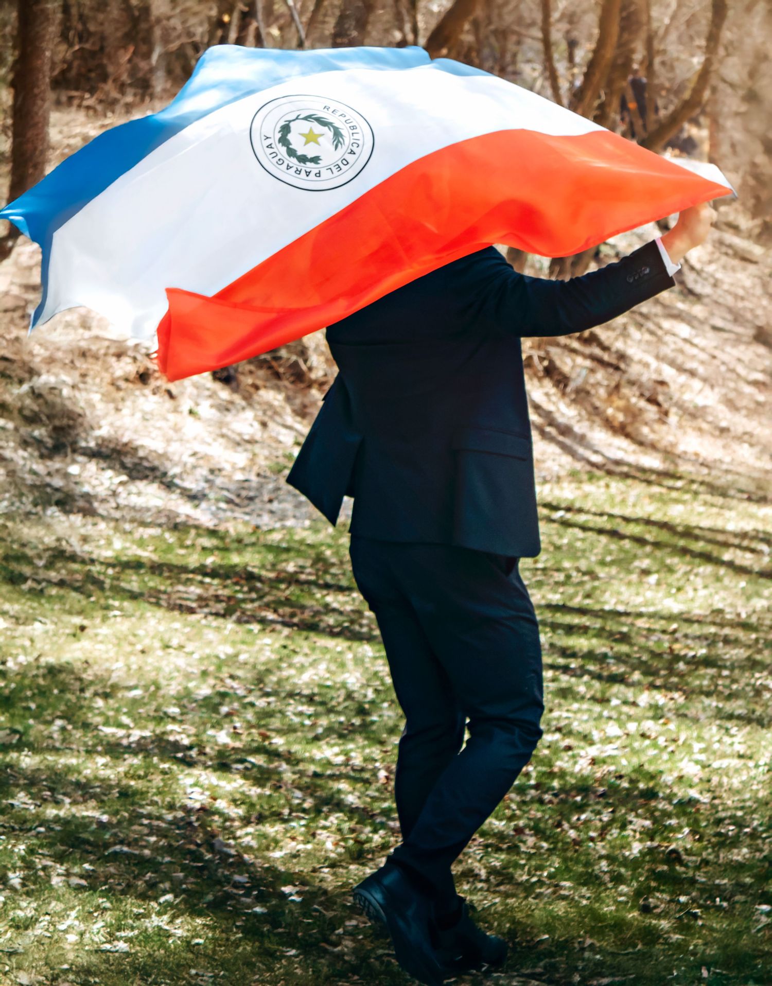 Flag with red, white and blue stripes being displayed in a natural outdoor setting.