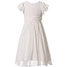 White lace and tulle party dress with cap sleeves and flared skirt.
