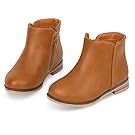 Tan leather ankle boots with low heel shown from multiple angles.
