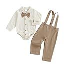 White and tan baby clothing collection featuring collared shirts and overalls.