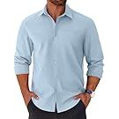 Row of men's light blue button-down dress shirts displayed on white background.