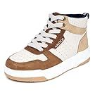 Brown and white casual sneakers shown from different angles.