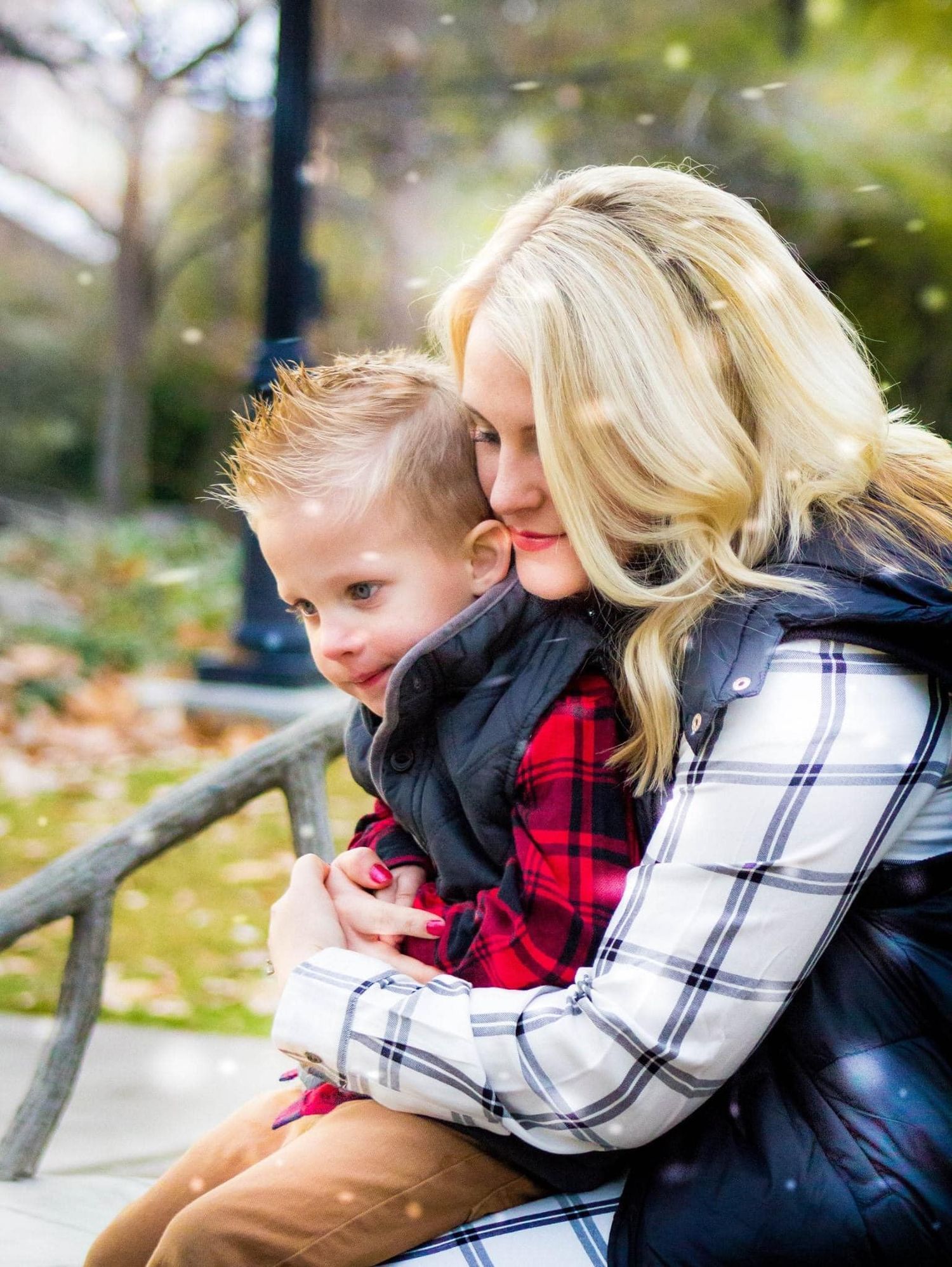 Sequence of tender moments captured outdoors on a fall day with autumn leaves in background.